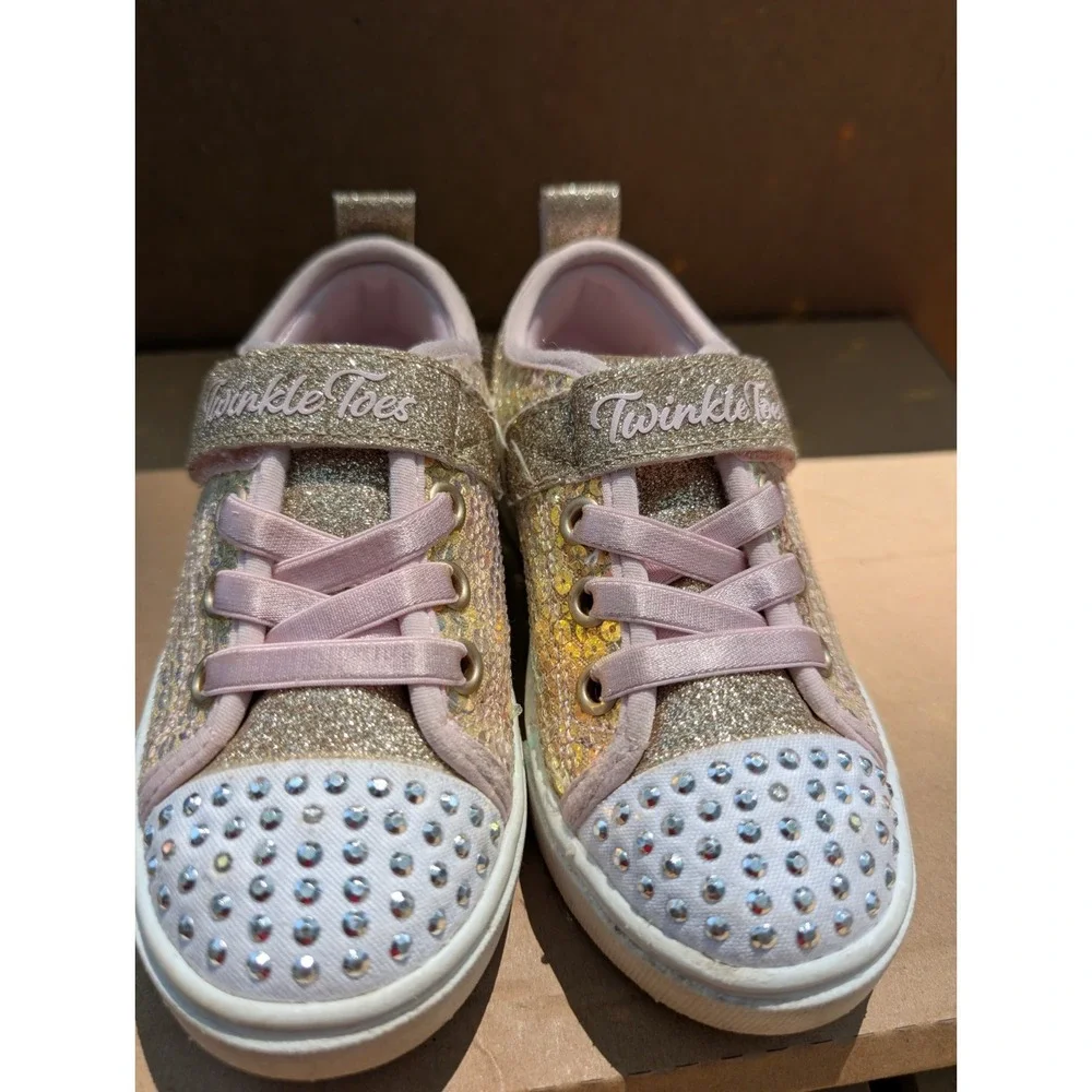 Skechers Twinkle Toes Pink/Gold Glitter Gems Shoes Sneakers Toddler Girl Size 9